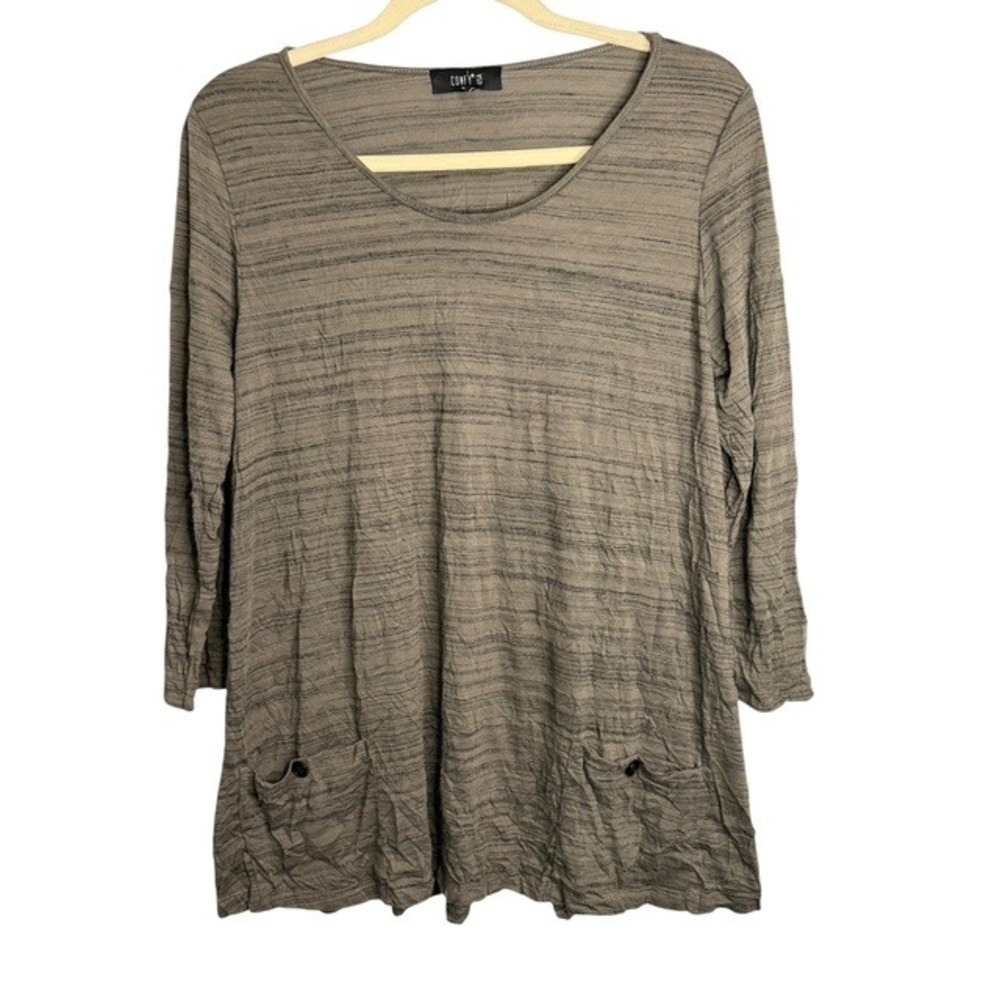 Comfy USA Blouse Women's Small Textured Stripes 3/4 Sleeve Pocket Tunic Brown